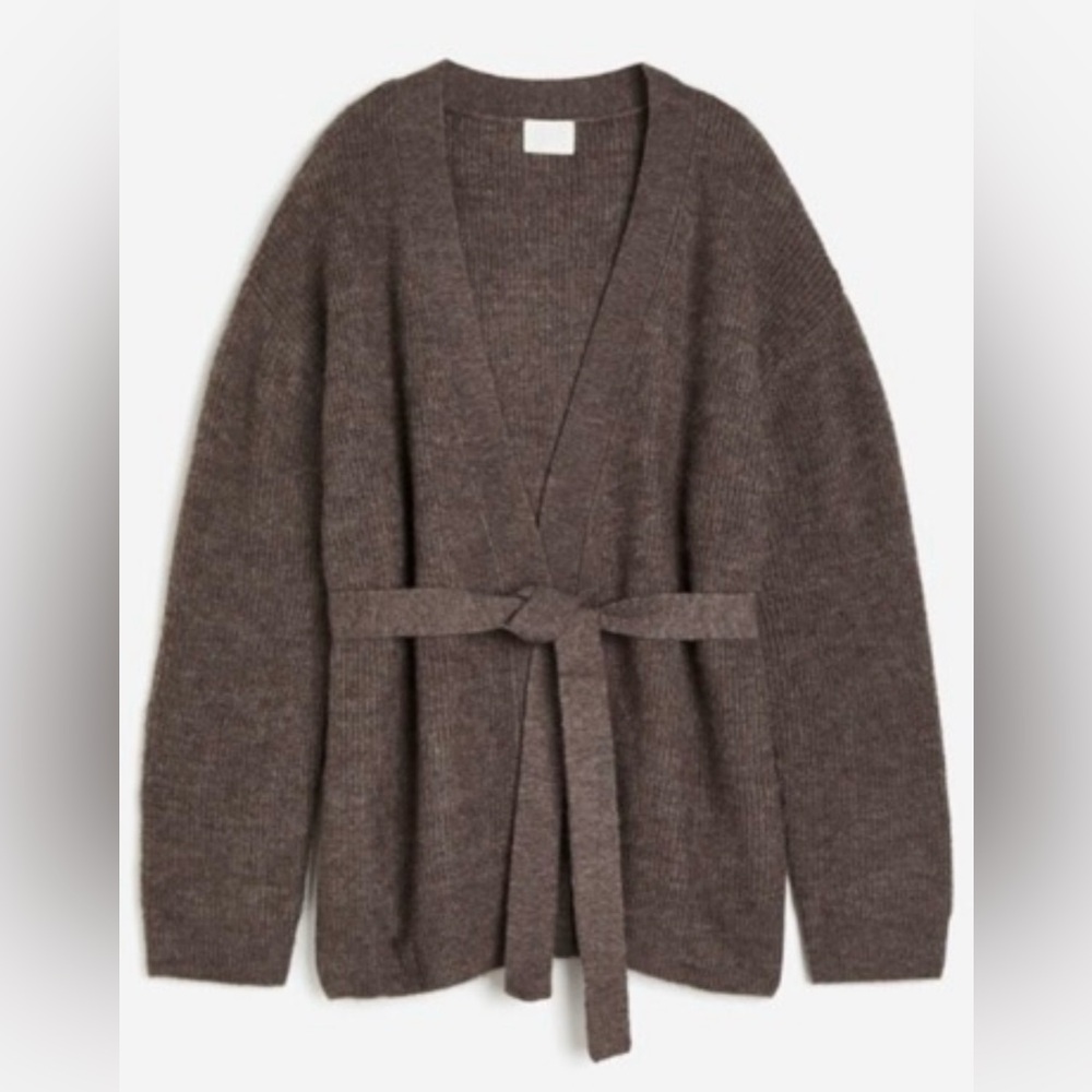 H&M Brown-Taupe Belted Open-Front Knit Cardigan
